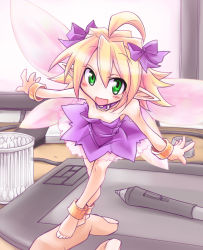 Rule 34 | 1girl, ahoge, anklet, barefoot, blonde hair, bracelet, collar, computer, cotton swab, drawing tablet, fairy, flat chest, green eyes, hair ribbon, jewelry, kobayashi tetsuya, mini person, minigirl, open mouth, pointy ears, ribbon, smile, solo, wacom, wings