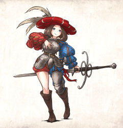 Rule 34 | 1girl, armor, blue eyes, boobplate, boots, breastplate, brown footwear, brown hair, closed mouth, codpiece, greaves, hat, highres, holding, holding sword, holding weapon, ironlily, katzbalger, landsknecht, landsknecht (ironlily), long sleeves, original, puffy long sleeves, puffy sleeves, single greave, smile, solo, sword, weapon