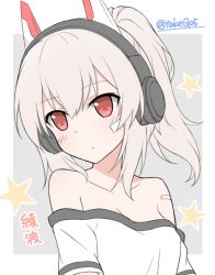 Rule 34 | 1girl, animal ears, ayanami (azur lane), ayanami (niconico) (azur lane), azur lane, bandaid, bandaid on cheek, bandaid on face, bare shoulders, blush, breasts, cleavage, closed mouth, collarbone, fake animal ears, grey background, hair between eyes, head tilt, headgear, headphones, high ponytail, light brown hair, long hair, looking away, looking to the side, off-shoulder shirt, off shoulder, ponytail, red eyes, shirt, short sleeves, small breasts, solo, star (symbol), t-shirt, t@ke-g, translated, twitter username, two-tone background, upper body, white background, white shirt