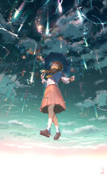Rule 34 | 1girl, absurdres, bare legs, blonde hair, braid, brown footwear, cloud, cloudy sky, commentary, from below, full body, highres, holding, holding umbrella, loafers, long sleeves, looking up, meteor shower, neckerchief, original, parted lips, pink skirt, pleated skirt, rain, red eyes, ripples, school uniform, shijohane, shirt, shoes, short hair, skirt, sky, socks, solo, twin braids, umbrella, white shirt, white socks, yellow neckerchief