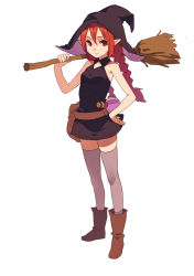 Rule 34 | 1girl, bag, bare arms, belt, black dress, boots, braid, broom, carrying, dress, elf, fkey, flask, grey thighhighs, hand on own hip, hat, highres, long hair, looking at viewer, original, over shoulder, pointy ears, red eyes, red hair, round-bottom flask, simple background, sleeveless, sleeveless dress, solo, strapless, strapless dress, thighhighs, twin braids, white background, witch, witch hat, zettai ryouiki