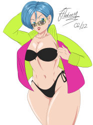 Rule 34 | 1girl, abs, absurdres, artist name, bikini, black bikini, blue eyes, blue hair, breasts, bulma, cleavage, dragon ball, dragon ball super, earrings, female focus, fhakeem, grin, hair between eyes, highres, jacket, jewelry, large breasts, lipstick, looking over eyewear, looking over glasses, looking to the side, makeup, multicolored clothes, multicolored jacket, navel, short hair, simple background, smile, smirk, solo, sunglasses, swimsuit, tagme, thick thighs, thighs, tinted eyewear, white background