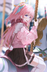 Rule 34 | 1girl, absurdres, alternate costume, bag, blurry, blush, bow, carousel, casual, checkered sash, commission, depth of field, hair bow, halo, handbag, happy, highres, indie virtual youtuber, looking at viewer, mashiro mayu, open mouth, pink hair, pixiv commission, pleated skirt, purple eyes, riding, sitting, skirt, smile, solo, sweater, thighhighs, two side up, virtual youtuber, white thighhighs, yana mori, yellow halo