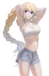 Rule 34 | 1girl, armpits, arms behind head, arms up, blonde hair, braid, breasts, casual, cleavage, fate/apocrypha, fate/grand order, fate (series), hastune, highres, jeanne d&#039;arc (fate), jeanne d&#039;arc (ruler) (fate), long hair, looking at viewer, medium breasts, midriff, parted lips, purple eyes, shorts, single braid, solo, sports bra, standing, very long hair