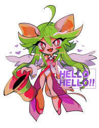 Rule 34 | 1girl, :d, ahoge, animal ears, blush stickers, buttoned cuffs, buttons, collar, collared dress, commentary request, dress, english text, fang, feathered wings, full body, green hair, hair between eyes, hat, heart, high heels, highres, leotard, looking at viewer, mad rat dead, mochako (girugarudo8), mouse ears, mouse girl, mouse tail, necktie, open mouth, rat god (mad rat dead), red dress, red eyes, red footwear, red hat, sidelocks, smile, tail, top hat, unworn hat, unworn headwear, white background, white collar, white leotard, white necktie, white wrist cuffs, wings, wrist cuffs