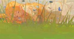 Rule 34 | 1girl, bare shoulders, belt, blonde hair, blue butterfly, blue flower, bridal gauntlets, bug, butterfly, ciloranko, closed eyes, dress, flower, grass, highres, insect, long dress, long hair, lying, nintendo, on stomach, parted bangs, parted lips, pointy ears, princess zelda, sleeping, sleeveless, sleeveless dress, solo, the legend of zelda, triforce, upper body, white dress