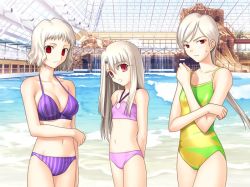 Rule 34 | 00s, 3girls, :o, albino, arms behind back, bikini, blush, breasts, cleavage, fate/hollow ataraxia, fate/stay night, fate (series), flat chest, game cg, halterneck, illyasviel von einzbern, indoors, large breasts, leysritt (fate), long hair, looking at viewer, multiple girls, official alternate costume, one-piece swimsuit, photo background, pink bikini, pool, pool ladder, poolside, purple bikini, red eyes, sella (fate), short hair, small breasts, striped bikini, striped clothes, sweatdrop, swimsuit, tachi-e, takeuchi takashi, tankini, vertical-striped bikini, vertical-striped clothes, water slide, waves, white hair