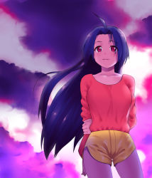 Rule 34 | 00s, 1girl, ahoge, blue hair, cloud, cloudy sky, collarbone, contrapposto, cowboy shot, idolmaster, idolmaster (classic), idolmaster 1, long hair, long sleeves, looking at viewer, low neckline, lunch (shin new), miura azusa, red eyes, short shorts, shorts, sky, solo, standing, sweater