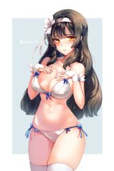 Rule 34 | 1girl, blush, bra, breasts, brown hair, cleavage, girls&#039; frontline, hand on own chest, headband, highres, large breasts, long hair, looking at viewer, navel, official alternate costume, panties, signature, simple background, solo, standing, type 95 (girls&#039; frontline), type 95 (summer cicada) (girls&#039; frontline), underwear, white legwear, white panties, zerocat