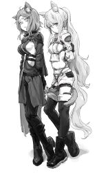 Rule 34 | 2girls, a tea, absurdres, animal ears, arknights, bdsm, bondage, boots, bound, breasts, cat ears, cat girl, glaring, greyscale, highres, horse girl, kingdom of kazimierz logo, looking at viewer, medium breasts, monique (arknights), monochrome, multiple girls, platinum (arknights), rope, sideboob, third-party edit