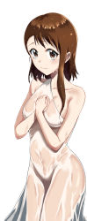 Rule 34 | 1girl, bare arms, bare shoulders, blush, breasts, brown eyes, brown hair, closed mouth, collarbone, cowboy shot, dress, highres, large breasts, looking at viewer, nisekoi, onodera kosaki, rororo, see-through, short hair, simple background, sleeveless, sleeveless dress, smile, solo, wet, wet clothes, wet hair, white background, white dress