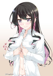 Rule 34 | 1girl, black hair, blush, bra, breasts, brown background, cleavage, closed mouth, commentary request, cowboy shot, dress shirt, dressing, gradient background, kantai collection, long hair, medium breasts, mikage takashi, multicolored hair, naganami (kancolle), panties, pink hair, purple eyes, shirt, solo, twitter username, underwear, white bra, white panties, white shirt