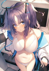 Rule 34 | 1girl, blue archive, blush, bra, breasts, clothes pull, halo, highres, jacket, jacket pull, large breasts, liya, looking at viewer, navel, open clothes, open mouth, panties, pov, purple eyes, purple hair, twintails, underwear, white bra, white jacket, white panties, yuuka (blue archive)