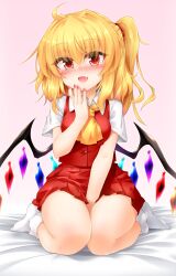 Rule 34 | 1girl, :d, ascot, between legs, blonde hair, blush, crystal, fang, flandre scarlet, full body, hand between legs, hand up, highres, long hair, marukyuu ameya, nail polish, no headwear, one side up, open mouth, pink background, pleated skirt, red eyes, red nails, red skirt, simple background, sitting, skirt, smile, socks, solo, thighs, touhou, vest, wariza, wings