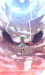 Rule 34 | 1girl, bird wings, black thighhighs, black wings, blue sky, boots, bow, brown hair, cave, city, cloud, contrapposto, frilled skirt, frills, from behind, full body, green bow, green skirt, hair bow, highres, kiramarukou, light particles, long hair, lava, outdoors, reiuji utsuho, shirt, silk, skirt, sky, spider web, standing, sun, thighhighs, touhou, underground, very long hair, white shirt, wide shot, wings, zettai ryouiki