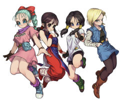 Rule 34 | 4girls, :o, android 18, aqua hair, arm at side, arms at sides, bare legs, belt, black gloves, black shirt, blonde hair, blue eyes, boots, braid, brown eyes, brown footwear, brown gloves, brown hair, bulma, character name, chi-chi (dragon ball), chinese clothes, clenched hand, clothes writing, denim, denim jacket, denim skirt, dragon ball, dragon ball (classic), dragonball z, dress, earrings, expressionless, eyelashes, fingernails, floating, floating hair, frown, full body, gloves, hair ribbon, hand in pocket, hand on own chest, happy, jacket, jewelry, kinjuu (hariharitt), long sleeves, looking at viewer, looking away, multiple girls, neck warmer, open mouth, pantyhose, pink dress, ponytail, purple legwear, purple neckwear, purple scarf, red ribbon, ribbon, scarf, shirt, short hair, shorts, simple background, single glove, skirt, smile, socks, striped, twintails, v-shaped eyebrows, videl, watch, white background, white shirt, wristband, wristwatch