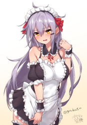 Rule 34 | 1girl, alternate costume, apron, black dress, black thighhighs, blush, breasts, cheese (cheese koubou), dress, enmaided, frilled apron, frilled dress, frills, gangut (kancolle), grey hair, hair ornament, hairclip, highres, kantai collection, large breasts, long hair, looking at viewer, maid, maid headdress, orange eyes, parted lips, scar, scar on face, simple background, solo, sweat, thighhighs, twitter username, white apron