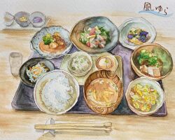 Rule 34 | bowl, chopsticks, cup, cutlery, food, highres, miso soup, no humans, ooy33151086, original, painting (medium), realistic, rice, soup, still life, traditional media, tray, vegetable, watercolor (medium)