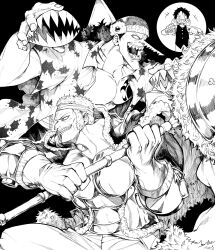 Rule 34 | 3boys, absurdres, arlong, armor, black background, clenched teeth, don krieg, fighting stance, fish boy, gloves, greyscale, grin, hawaiian shirt, headband, highres, holding, holding weapon, male focus, monkey d. luffy, monochrome, multiple boys, one piece, open clothes, open mouth, open shirt, pants, plate armor, sharp teeth, shirt, short hair, simple background, smile, teeth, weapon, yotsumi shiro