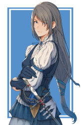 Rule 34 | 1girl, absurdres, belt, blue background, blue eyes, blue gloves, blue vest, braid, closed mouth, cropped legs, crossed arms, eyes visible through hair, final fantasy, final fantasy xvi, frilled skirt, frills, gloves, grey hair, hair ornament, hair over one eye, hair over shoulder, hair ribbon, highres, jill warrick, long hair, looking at viewer, low-braided long hair, low-tied long hair, neck ribbon, puffy sleeves, rapier, ribbon, scabbard, serious, sheath, sheathed, shirt, side braid, simple background, single braid, skirt, smile, solo, square enix, standing, sword, upper body, user uput7272, very long hair, vest, weapon