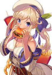 Rule 34 | 1girl, belt, beret, blonde hair, blue eyes, breasts, burger, cleavage, cucouroux (granblue fantasy), eating, fingernails, food, french fries, granblue fantasy, hat, medium breasts, panda inu, solo, twintails