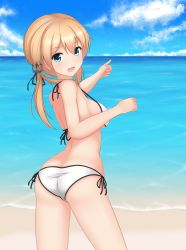 Rule 34 | 10s, 1girl, :d, anchor hair ornament, aqua eyes, ass, back, bare shoulders, beach, bikini, black ribbon, blonde hair, blue eyes, blue sky, blush, breasts, butt crack, cloud, day, eyebrows, from behind, hair ornament, hair ribbon, halterneck, highres, horizon, kantai collection, large breasts, long hair, looking at viewer, looking back, low twintails, ocean, open mouth, outdoors, pointing, prinz eugen (kancolle), ribbon, sana (sauber0531), sand, shirasawa kazane, shore, side-tie bikini bottom, sideboob, sky, smile, solo, standing, strap gap, string bikini, swimsuit, twintails, water, white bikini