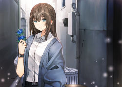 Rule 34 | 1girl, alley, belt, belt buckle, black belt, blue cardigan, blue eyes, blue flower, blush, braid, brown hair, buckle, cardigan, closed mouth, collared shirt, commentary request, day, dress shirt, flower, hair between eyes, holding, holding flower, kurata rine, long hair, long sleeves, looking at viewer, open cardigan, open clothes, original, outdoors, puffy long sleeves, puffy sleeves, shirt, solo, trash can, watch, white shirt, wristwatch