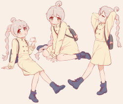 Rule 34 | 1girl, :o, ahoge, arms behind head, arms up, backpack, bag, bare legs, black bow, black footwear, boots, bow, braid, braided ponytail, buttons, chinese commentary, closed eyes, coat, commentary request, cross-laced footwear, double-breasted, footwear bow, full body, grey hair, hair between eyes, highres, long hair, long sleeves, looking at viewer, multiple views, onii-chan wa oshimai!, oyama mahiro, simple background, sitting, smile, walking, wariza, yellow coat, yellow eyes, ziyan yi