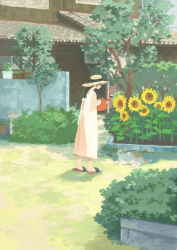 Rule 34 | 1girl, absurdres, apron, black ribbon, braid, braided ponytail, cat, day, dress, flower, garden, hat, hat ribbon, highres, inoue haruka (haruharu210), leaf, long hair, original, outdoors, pink dress, plant, profile, ribbon, sandals, shadow, sleeveless, sleeveless dress, solo, standing, sunflower, tree, watering can, white apron, wide shot, yellow flower