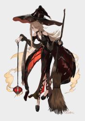 Rule 34 | 1girl, absurdres, bare shoulders, black dress, blonde hair, breasts, broom, cleavage, dress, hat, high heels, highres, holding, holding broom, hoshi rasuku, lantern, long hair, looking at viewer, original, red eyes, simple background, solo, standing, white background, witch, witch hat