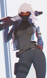 Rule 34 | 1girl, absurdres, ammunition belt, assault rifle, bad id, bad pixiv id, black shirt, breasts, chromatic aberration, contrapposto, covered mouth, cowboy shot, energy gun, genderswap, genderswap (mtf), gloves, gun, hand on own hip, handgun, highres, holding, holding gun, holding weapon, holster, jacket, large breasts, long hair, long sleeves, looking at viewer, mask, mouth mask, open clothes, open jacket, over shoulder, overwatch, overwatch 1, pants, pistol, red gloves, reroi, rifle, sheath, sheathed, shirt, short hair, soldier: 76 (overwatch), solo, standing, thigh holster, visor, weapon, weapon over shoulder, white hair
