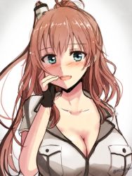 Rule 34 | 1girl, black gloves, breast pocket, breasts, brown hair, cleavage, dress, fingerless gloves, gloves, gradient background, grey dress, grey eyes, hair between eyes, kantai collection, large breasts, mashayuki, one-hour drawing challenge, pocket, ponytail, saratoga (kancolle), saratoga mk ii (kancolle), side ponytail, sidelocks, smokestack hair ornament, solo, white background