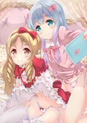 Rule 34 | 10s, 2girls, bad id, bad pixiv id, blonde hair, blue eyes, blue hair, blush, bow, bow panties, brown eyes, cellphone, closed mouth, clothes lift, curtains, dress, dress lift, drill hair, eromanga sensei, female focus, flat chest, frills, garter straps, gradient hair, hair bow, hairband, hand on another&#039;s shoulder, highres, holding, holding phone, hoshimaemi, izumi sagiri, kneeling, layered sleeves, lifted by self, lolita fashion, long hair, long sleeves, looking at viewer, low-tied long hair, multicolored hair, multiple girls, navel, pajamas, panties, phone, pink bow, pink panties, pointy ears, polka dot, polka dot pillow, puffy short sleeves, puffy sleeves, red bow, red dress, selfie, short over long sleeves, short sleeves, side-tie panties, silver hair, sitting, smartphone, smile, thighhighs, twin drills, underwear, untied panties, white legwear, white panties, yamada elf