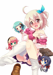 Rule 34 | 4girls, ahoge, assisted exposure, bag, blush, briefcase, chibi, clothes between thighs, feet, flat chest, grin, komone ushio, loafers, mini person, minigirl, multiple girls, off shoulder, school bag, school briefcase, school uniform, sekuken!, shoes, unworn shoes, side ponytail, smile, sock pull, thighhighs, white thighhighs