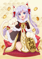 Rule 34 | 1girl, absurdres, animal ears, animal hands, bell, blue eyes, blush, brown background, brown cape, brown dress, cape, cat ears, cat girl, cat tail, coin, dress, fierlupin, full body, fur-trimmed cape, fur trim, gloves, gold, grey hair, hair ribbon, high wizard (ragnarok online), highres, jingle bell, koban (gold), layered dress, long hair, looking at viewer, maneki-neko, neck bell, open mouth, paw gloves, ragnarok online, red ribbon, ribbon, seigaiha, seiza, short dress, sitting, solo, tail, thick eyebrows, twintails, two-tone dress, white dress