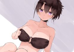 Rule 34 | 1girl, bare arms, bare shoulders, bikini, blush, breasts, brown bikini, brown hair, cleavage, closed mouth, commentary request, dutch angle, eyes visible through hair, hair between eyes, highres, large breasts, looking at viewer, o-ring, o-ring bikini, original, ponytail, purple eyes, rucchiifu, short hair, sitting, solo, strapless, strapless bikini, swimsuit