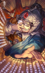Rule 34 | 1boy, artist name, bird, black hair, chinese clothes, emoillu, evil smile, fate/grand order, fate (series), fighting stance, from above, glasses, grin, han xin (fate), helmet, highres, male focus, pointing, pointing at viewer, red eyes, round eyewear, smile, solo