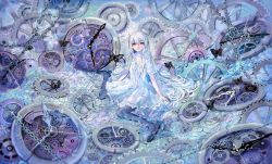 Rule 34 | 1girl, abstract background, bug, butterfly, chain, dress, gears, bug, long hair, looking at viewer, original, petals, red eyes, sitting, solo, sonidoriy, wariza, white dress, white hair
