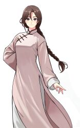 absurdres braid brown_eyes brown_hair changpao china_dress chinese_clothes dress highres kokoro_no_koibito kung_fu long_hair long_sleeves martial_arts monk original self-upload shaolin_monk single_braid smile standing tangzhuang