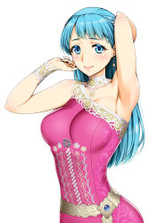 Rule 34 | 1girl, arm behind head, arm up, armpit crease, armpits, bare shoulders, blue eyes, blue hair, breasts, cleavage, closed mouth, detached collar, dragon quest, dragon quest v, dress, earrings, flora (dq5), flower, hair flower, hair ornament, jewelry, long hair, looking at viewer, medium breasts, pink dress, simple background, single strap, smile, solo, straight hair, tareme, unagimaru, white background, white flower
