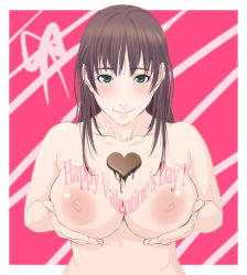 Rule 34 | 1girl, blush, breast hold, breast lift, breasts, brown hair, candy, chocolate, chocolate heart, english text, food, green eyes, heart, heart chocolates, highres, large breasts, long hair, looking at viewer, nipples, nude, original, shoumaru (gadget box), smile, solo, text focus, valentine