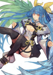 Rule 34 | 1girl, angel wings, asymmetrical wings, bare shoulders, belt, black choker, black thighhighs, blue hair, breasts, choker, cleavage, detached collar, detached sleeves, dizzy (guilty gear), guilty gear, guilty gear xrd, hair between eyes, hair rings, highres, large breasts, levvellevvel, long hair, monster girl, navel, red eyes, ribbon, sidelocks, simple background, solo, tail, thighhighs, thighs, twintails, white background, wide sleeves, wings, yellow ribbon