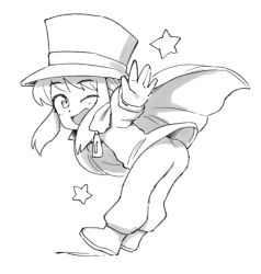 Rule 34 | 1girl, :d, a hat in time, cape, child, female focus, hat, hat kid, kikai (akita morgue), leaning forward, monochrome, one eye closed, open mouth, pants, shoes, sidelocks, smile, solo, star (symbol), top hat