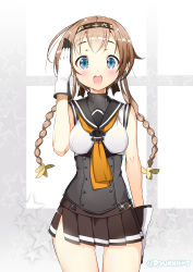 Rule 34 | 10s, 1girl, blue eyes, braid, breasts, brown hair, clothes writing, commentary request, cowboy shot, gloves, highres, kantai collection, legs apart, long hair, looking at viewer, medium breasts, miniskirt, naitou ryuu, open mouth, pleated skirt, salute, school uniform, serafuku, skirt, solo, standing, teruzuki (kancolle), thigh gap, twin braids
