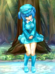 Rule 34 | 1girl, aqua skirt, blue eyes, blue hair, blush, boots, breasts, female focus, forest, full body, hair bobbles, hair ornament, hat, kawashiro nitori, key, matching hair/eyes, medium breasts, miniskirt, nature, outdoors, plant, rubber boots, short hair, skirt, skirt set, smile, solo, touhou, twintails, two side up, water, yumeneko (likequana)