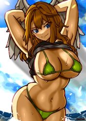 Rule 34 | 1girl, absurdres, angel wings, armpits, arms behind head, artist name, beach, bikini, blue eyes, breasts, brown hair, cleavage, clothes lift, eunie (xenoblade), green bikini, highres, large breasts, legs, navel, ocean, oniisan, shirt lift, short hair, smile, solo, swimsuit, thick thighs, thighs, underboob, water, wet, wings, xenoblade chronicles (series), xenoblade chronicles 3