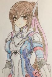 Rule 34 | 1girl, breasts, brown eyes, brown hair, closed mouth, gloves, hair ribbon, higemaccho, high ponytail, highres, long hair, looking at viewer, pink ribbon, ponytail, ribbon, saionji reimi, simple background, smile, solo, star ocean, star ocean the last hope