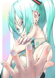 Rule 34 | 1girl, bad id, bad pixiv id, bare shoulders, blue eyes, blue hair, blue necktie, breasts, close-up, collared shirt, colored eyelashes, commentary, detached sleeves, ear piercing, earrings, empty eyes, eyelashes, fingernails, grey shirt, hair between eyes, hand on own chin, hand on own face, hand up, hatsune miku, head tilt, highres, jewelry, lips, long hair, looking afar, multicolored background, multicolored nails, nail polish, necktie, parted lips, piercing, rsk (tbhono), shaded face, shirt, shoulder tattoo, sidelocks, simple background, sleeveless, sleeveless shirt, small breasts, solo, symbol-only commentary, tattoo, twintails, two-tone background, upper body, very long hair, vocaloid, white background