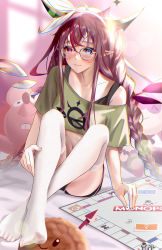 Rule 34 | 1girl, absurdres, bespectacled, blue eyes, blush, board game, bra strap, braid, casual, chantsunyuen1997, collarbone, crop top, dolphin shorts, feet, glasses, hakos baelz, hakos baelz (rat), highres, hololive, hololive english, horns, irys (hololive), long hair, midriff, monopoly, navel, pink eyes, pointy ears, red hair, shorts, solo, stuffed animal, stuffed toy, thighhighs, toes, twin braids, very long hair, virtual youtuber, wings, zettai ryouiki