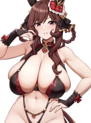 1girl animal_ears bikini black_bikini braid breasts brown_hair cleavage curvy gem gentildonna_(umamusume) hair_ornament hand_on_own_hip highleg highleg_bikini highres horse_ears horse_girl kannko_bokujou large_breasts long_hair navel plump red_eyes sidelocks simple_background smile solo swimsuit thighs umamusume white_background